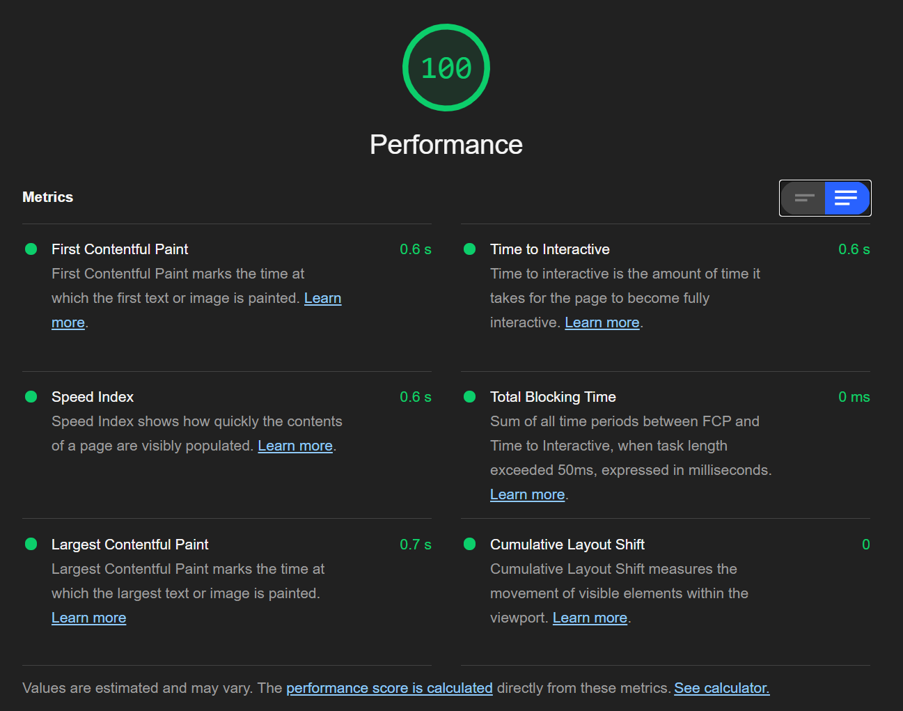 Google Lighthouse audit results