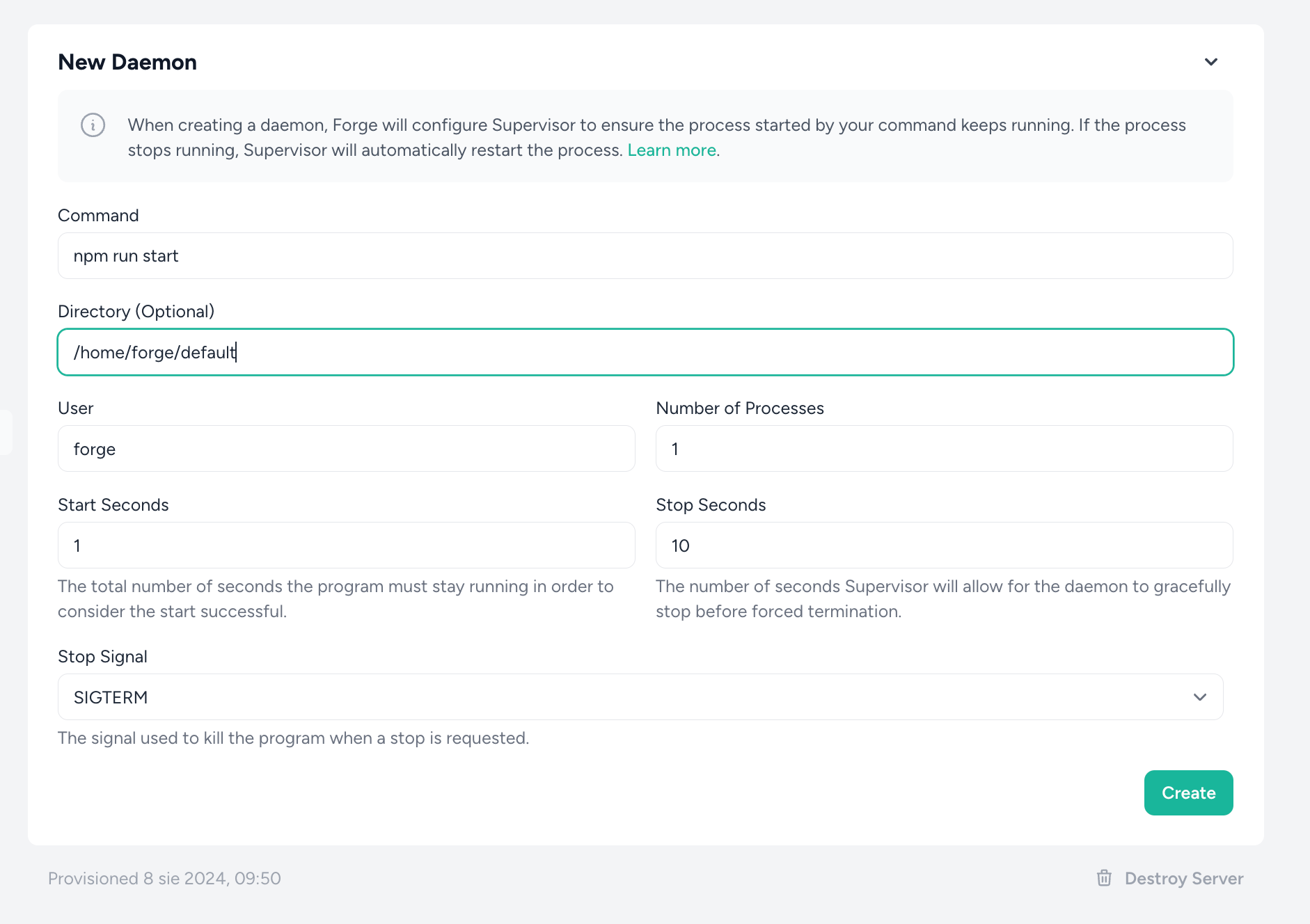 Creating a daemon in Laravel Forge