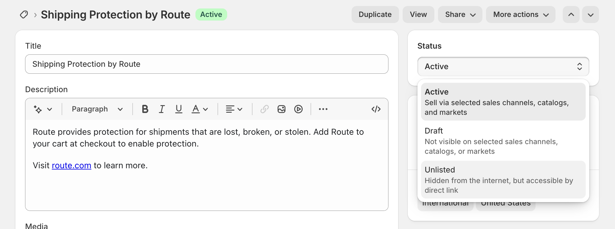 Unlisted product status for Shipping Protection