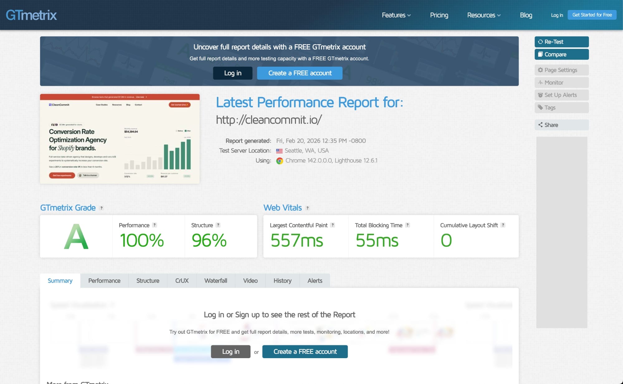 GTMetrix results for cleancommit.io
