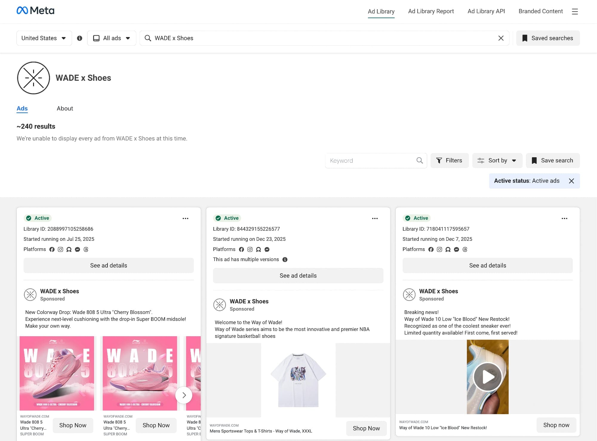 Meta Ad Library with Ads from Wade x Shoes
