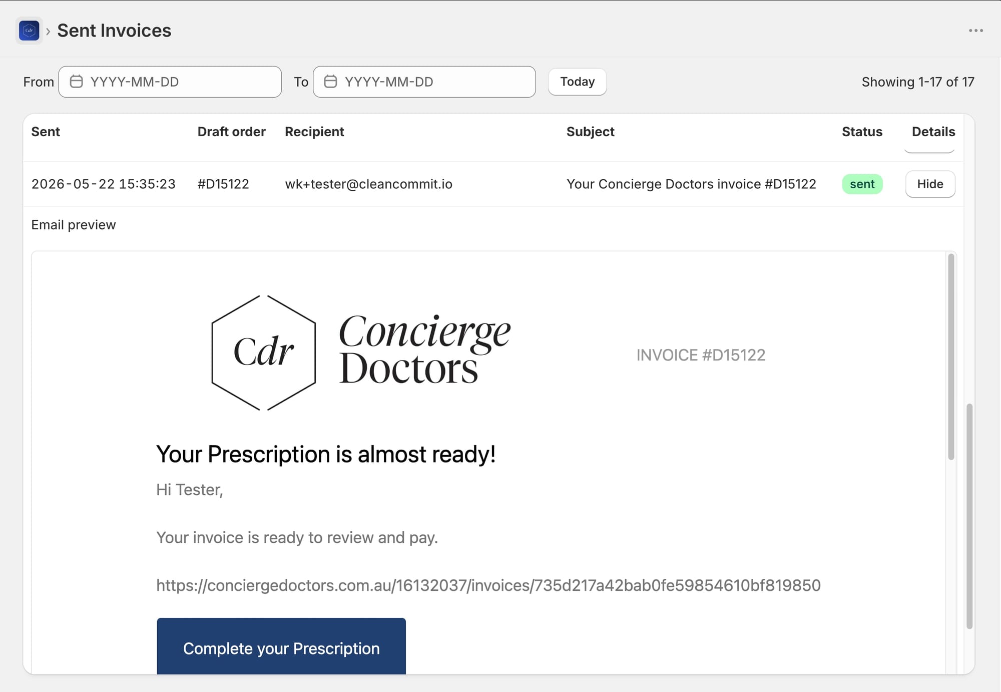 Every sent invoice is logged with a full rendered preview. No more guessing what a customer was told.