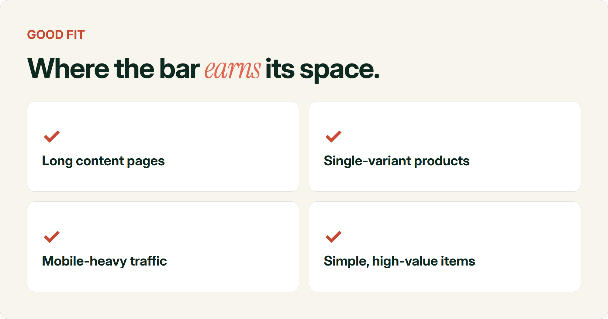 Icon grid of conditions where sticky add to cart buttons tend to work: long content-heavy product pages, single-variant products, mobile-heavy traffic, and simple high-value items like jewellery with only one variant dimension.
