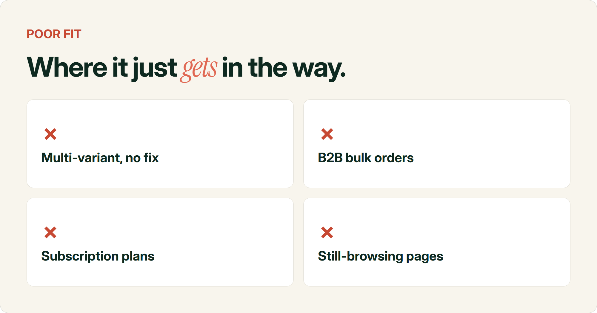 Icon grid of conditions where sticky add to cart buttons tend to backfire: multi-variant products without a visual fix, B2B or bulk order flows, subscription products with plan and frequency selection, and homepage or category pages where shoppers are still browsing.