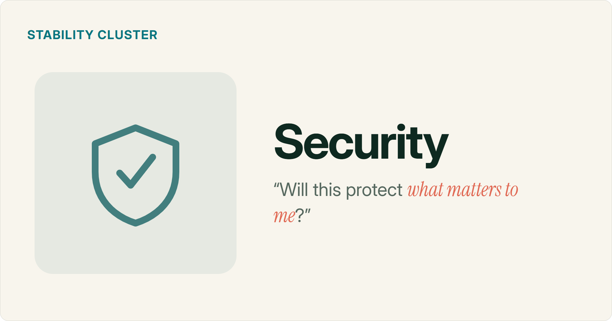 Shield with a checkmark, representing the security motivator: customers buying to protect their identity, health, family or lifestyle from a bad outcome.