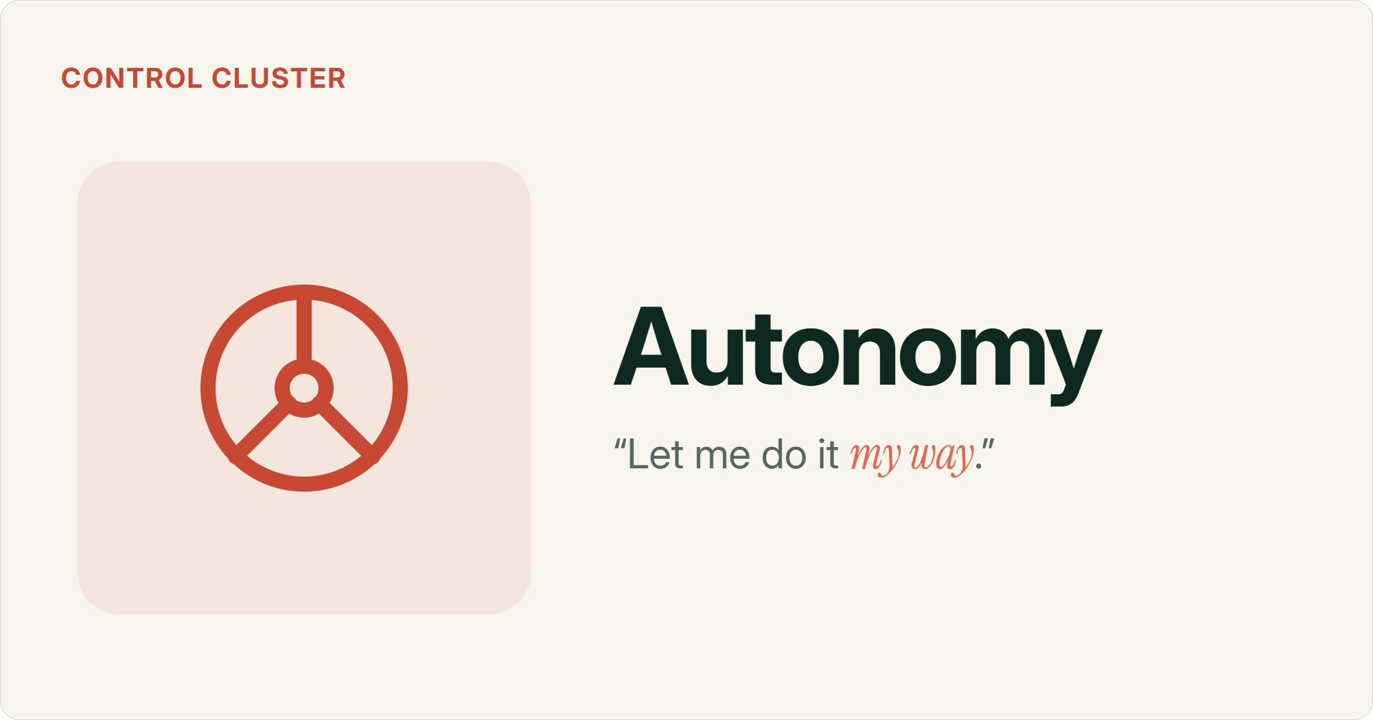 A steering wheel, representing the autonomy motivator: customers buying to keep control and do things their own way, with no lock-in.