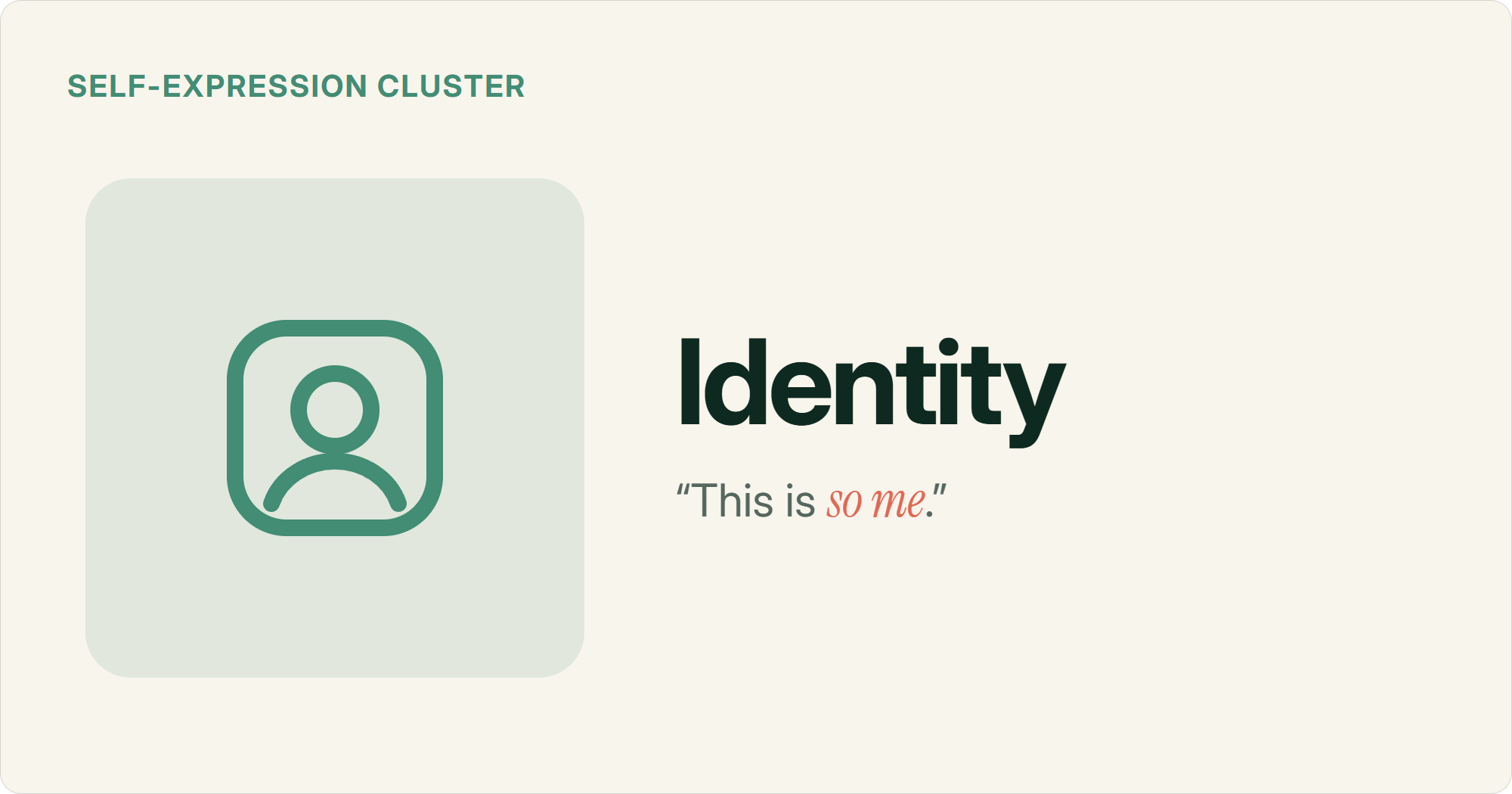 A person inside a profile frame, representing the identity motivator: customers buying things that reflect who they are, a this-is-so-me purchase.