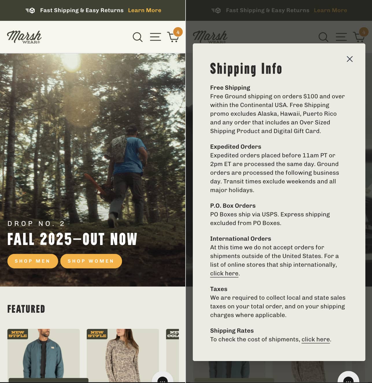 Shipping info banner that expand announcement bar information (after)