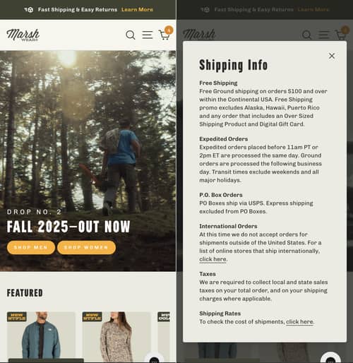 Shipping info banner that expand announcement bar information