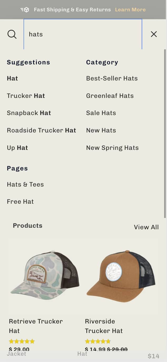 Enhanced search results with clickable categories increase user engagement and conversions (before)