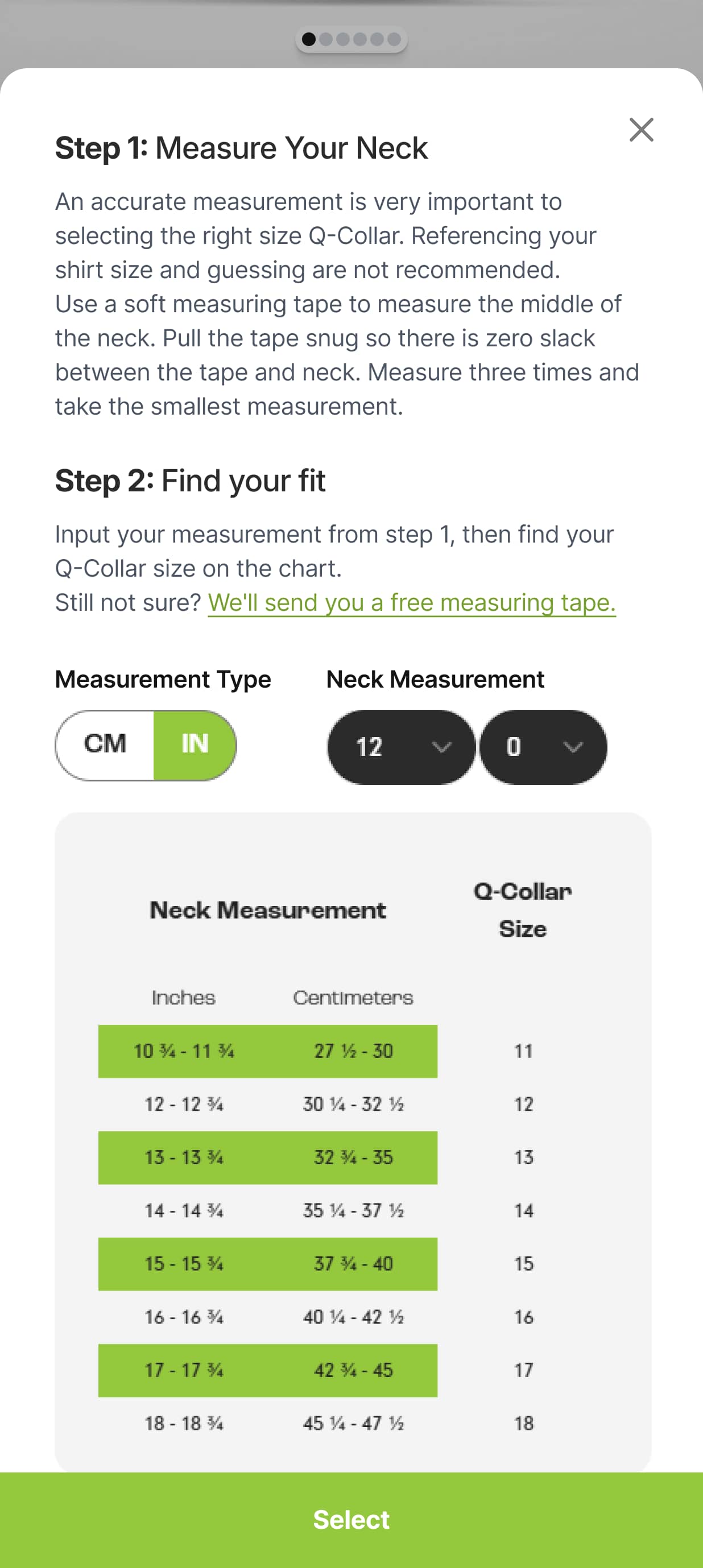 Redesigned “Find Your Size” Feature (before)
