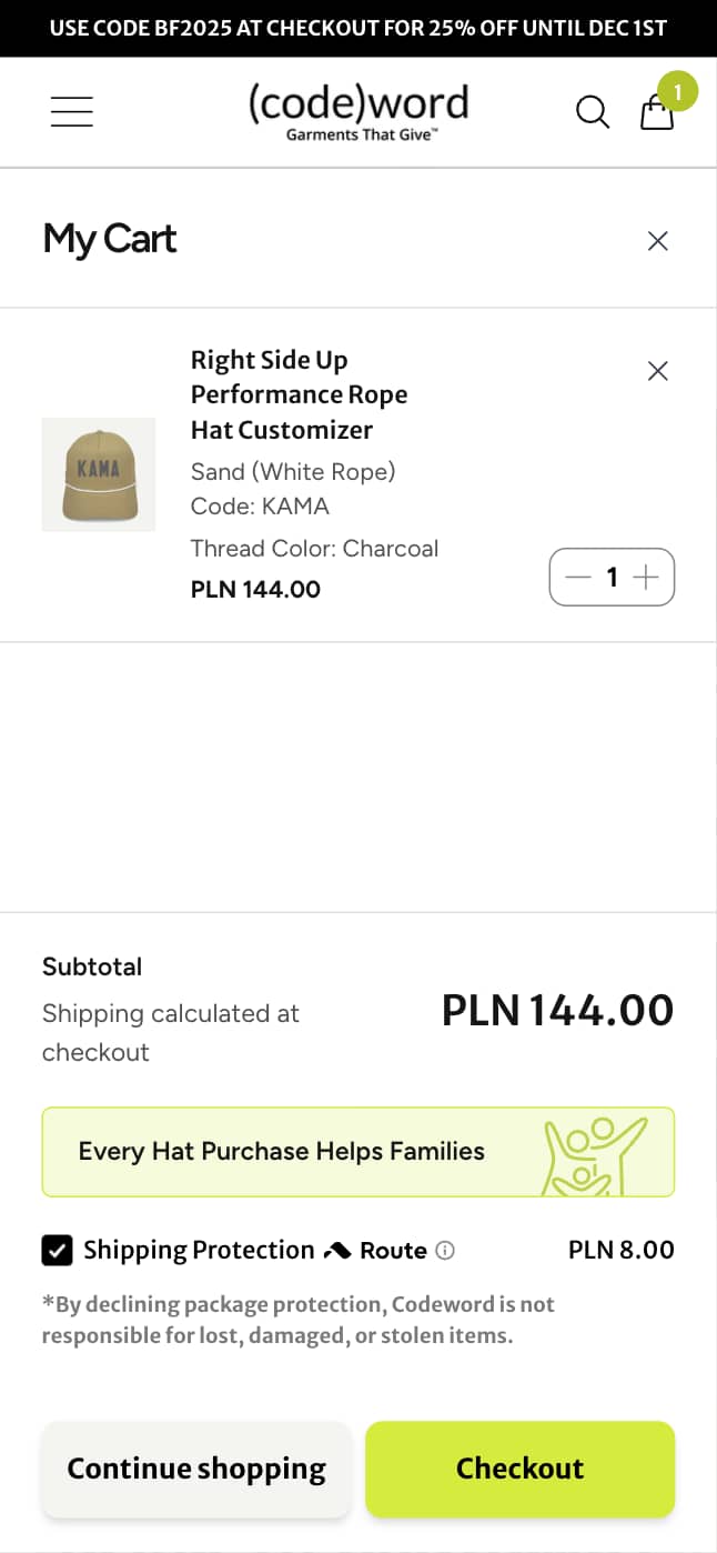 Displaying a charity message in cart and checkout boosts customer motivation to complete purchases (after)