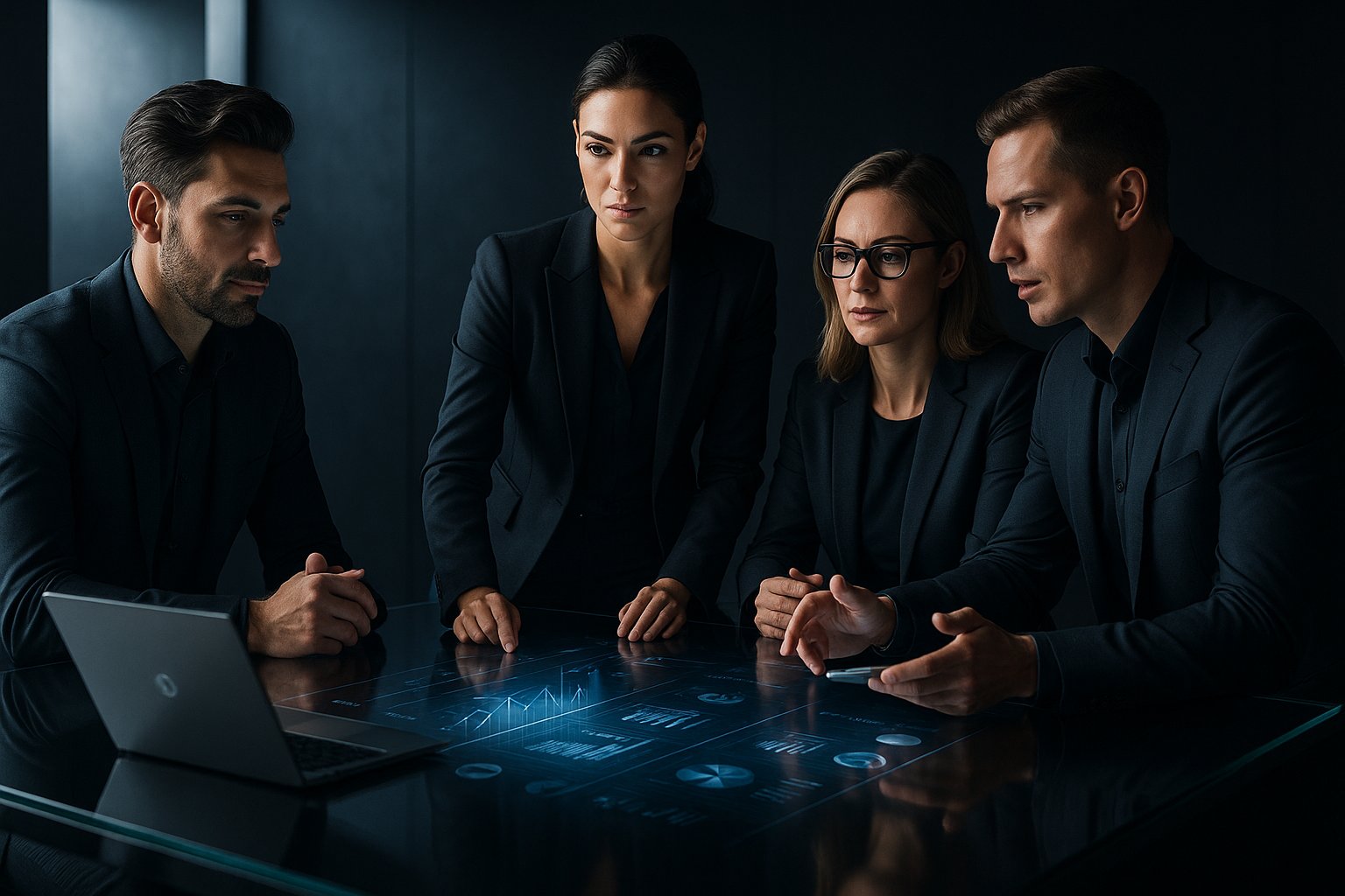 Profesjonalni specjaliści ds. marketingu wielokanałowego współpracują przy szklanym stole strategicznym, w minimalistycznym, nowoczesnym biurze z dramatycznym oświetleniem bocznym, w monochromatycznych strojach biznesowych.