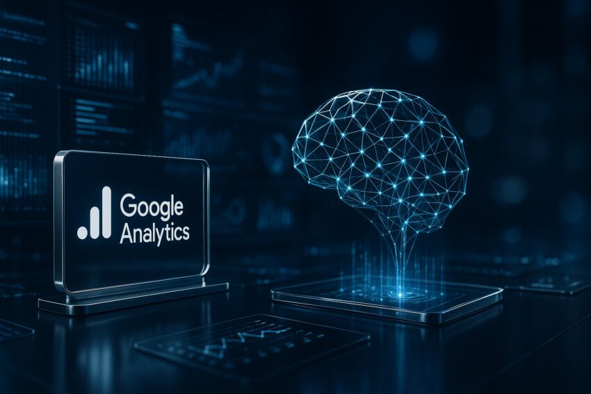 Futurystyczny krajobraz cyfrowy z holograficznymi strumieniami danych Google Analytics 4, prezentujący abstrakcyjną sieć neuronową przekształcającą się w inteligentną architekturę analityczną w głębokich odcieniach granatu i elektrycznej błękitności.