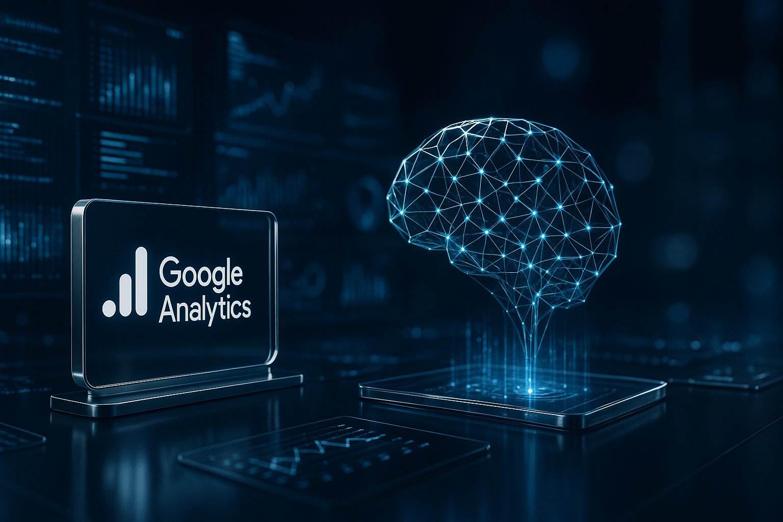 Futurystyczny krajobraz cyfrowy z holograficznymi strumieniami danych Google Analytics 4, prezentujący abstrakcyjną sieć neuronową przekształcającą się w inteligentną architekturę analityczną w głębokich odcieniach granatu i elektrycznej błękitności.
