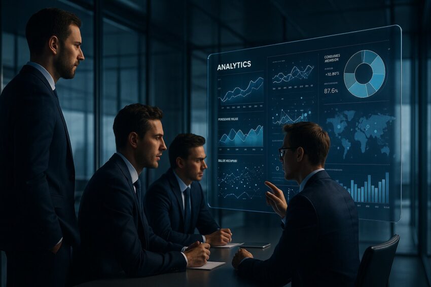 Ekskluzywna sala konferencyjna z holograficznym panelem analitycznym, gdzie profesjonaliści w granatowych garniturach badają złożone modele zachowań konsumenckich w nowoczesnej, minimalistycznej przestrzeni z panoramicznymi przeszkleniami.