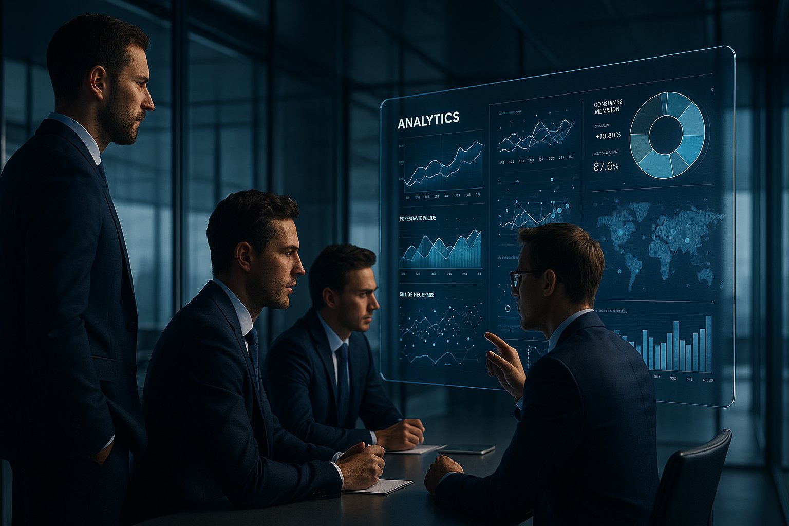Ekskluzywna sala konferencyjna z holograficznym panelem analitycznym, gdzie profesjonaliści w granatowych garniturach badają złożone modele zachowań konsumenckich w nowoczesnej, minimalistycznej przestrzeni z panoramicznymi przeszkleniami.