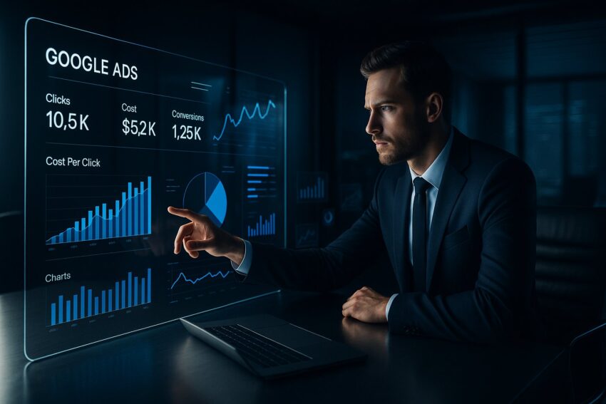 Pewny siebie przedsiębiorca analizuje metryki Google Ads na futurystycznym, przezroczystym ekranie dotykowym w nowoczesnej sali konferencyjnej z holograficznymi wizualizacjami danych w srebrno-niebieskiej kolorystyce.