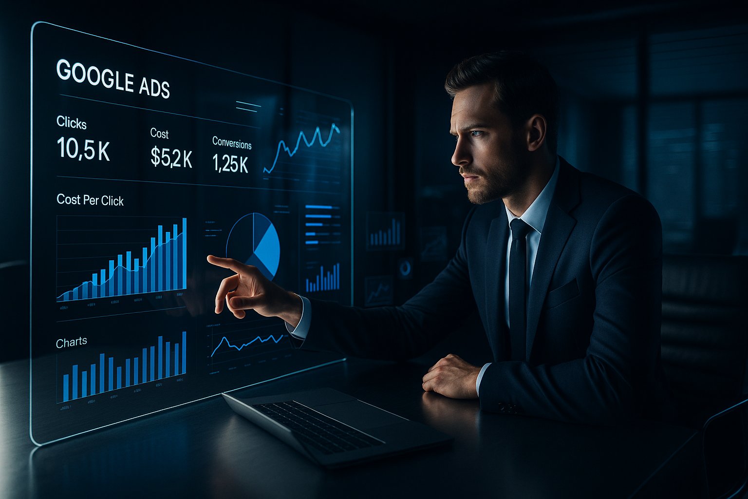 Pewny siebie przedsiębiorca analizuje metryki Google Ads na futurystycznym, przezroczystym ekranie dotykowym w nowoczesnej sali konferencyjnej z holograficznymi wizualizacjami danych w srebrno-niebieskiej kolorystyce.